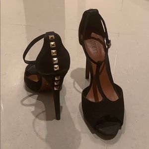 Black gold studded strap Schultz heels